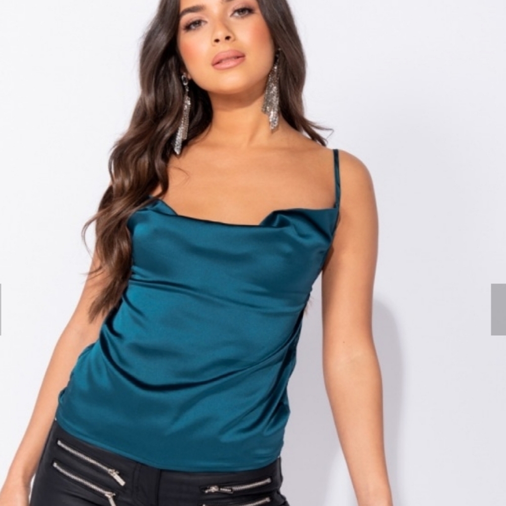 Beautiful Teal Satin Cowl Neck Cami Top